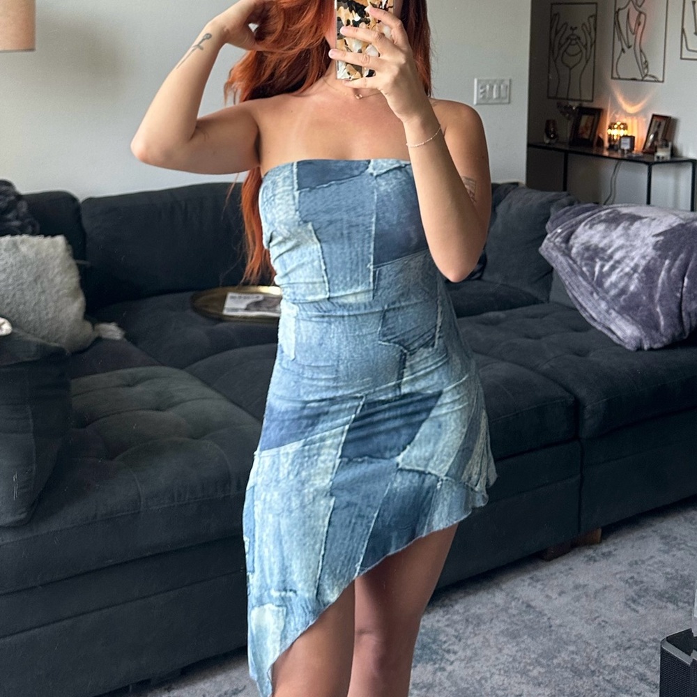 Denim Patchwork Strapless Dress